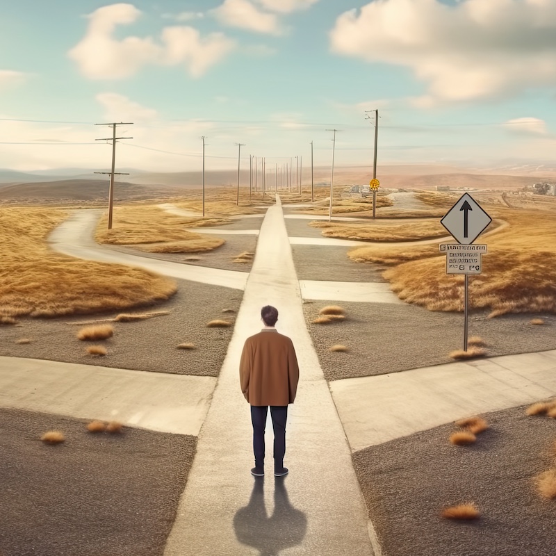 man standing at the crossroads hard life choice, new decision beginning start concept Generative AI